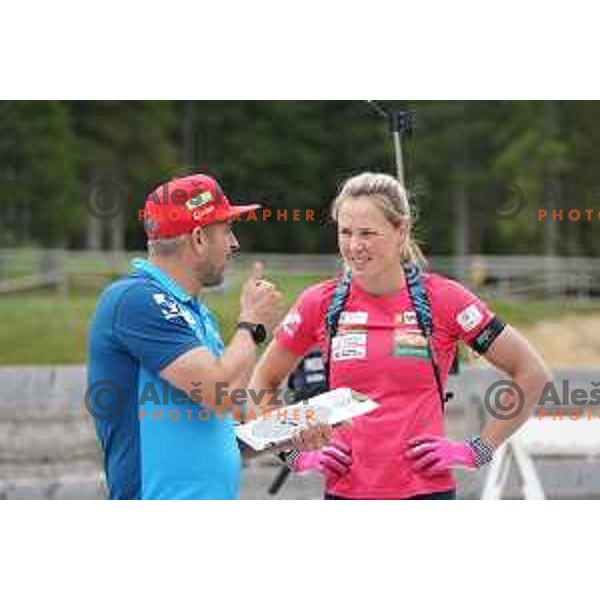 Head coach Ricco Gross and Anamarija Lampic of Slovenia Biathlon team during practice at Pokljuka, Slovenia on June 7, 2022