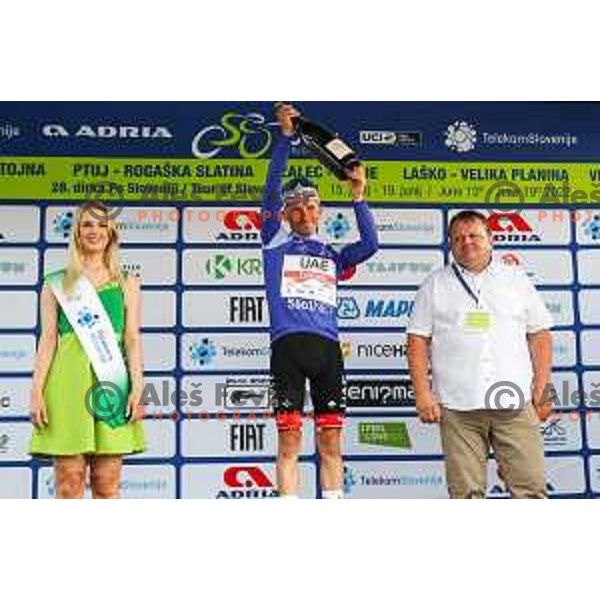 Rafal Majka with all yerseys at the finsih of the second stage of professional cycling race Dirka po Sloveniji- Tour of Slovenia from Ptuj to Rogaska Slatina on June 16, 2022
