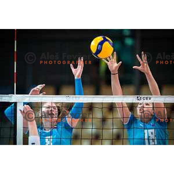 Eva Zatkovic and Sasa Planinsec in action during CEV Volleyball European Silver League 2022 Women volleyball match between Slovenia and Portugal in SD Lukna, Maribor, Slovenia on June 18, 2022. Photo: Jure Banfi/www.alesfevzer.com