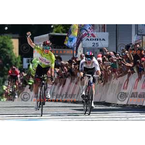 Tadej Pogacar (UAE) winner of fifth stage of professional cycling race and runner-up Matej Mohoric at Dirka po Sloveniji- Tour of Slovenia from Vrhnika to Novo Mesto on June 19, 2022