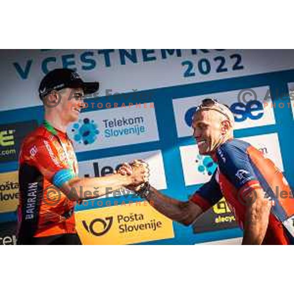 Matevz Govekar and Kristjan Koren during award ceremony after Slovenian National Championship in cycling in Maribor, Slovenia on June 26, 2022. Photo: Jure Banfi