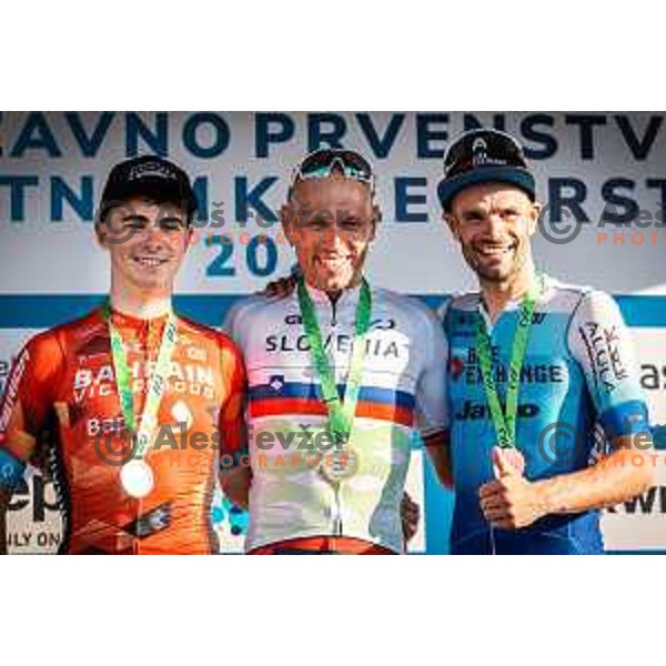 Matevz Govekar, Kristjan Koren and Luka Mezgec during award ceremony after Slovenian National Championship in cycling in Maribor, Slovenia on June 26, 2022. Photo: Jure Banfi