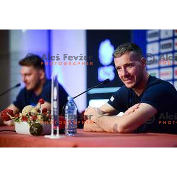 Luka Doncic and Goran Dragic of Slovenia basketball team during press conference in Ljubljana, Slovenia on June 28, 2022