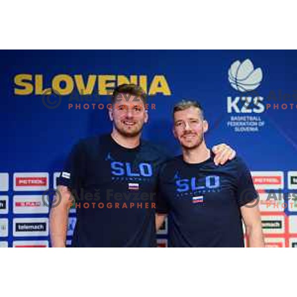 Luka Doncic and Goran Dragic of Slovenia basketball team during press conference in Ljubljana, Slovenia on June 28, 2022