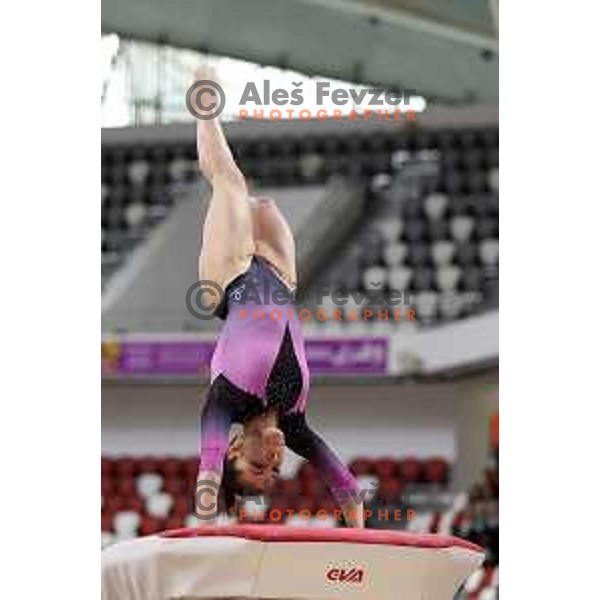 Tjasa Kysselef of Slovenia competes in Women’s Vault at Artistic Gymnastics at Mediterranean Games in Oran, Algeria on June 29, 2022