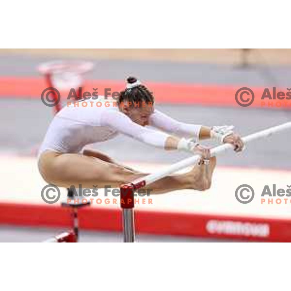 Lucija Hribar of Slovenia competes in Women’s Uneven Bars at Artistic Gymnastics at Mediterranean Games in Oran, Algeria on June 28, 2022