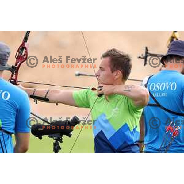 Ziga Ravnikar of Slovenia Archery team competes at Mediterranean Games in Oran, Algeria on June 29, 2022