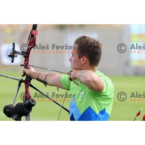 Ziga Ravnikar of Slovenia Archery team competes at Mediterranean Games in Oran, Algeria on June 29, 2022