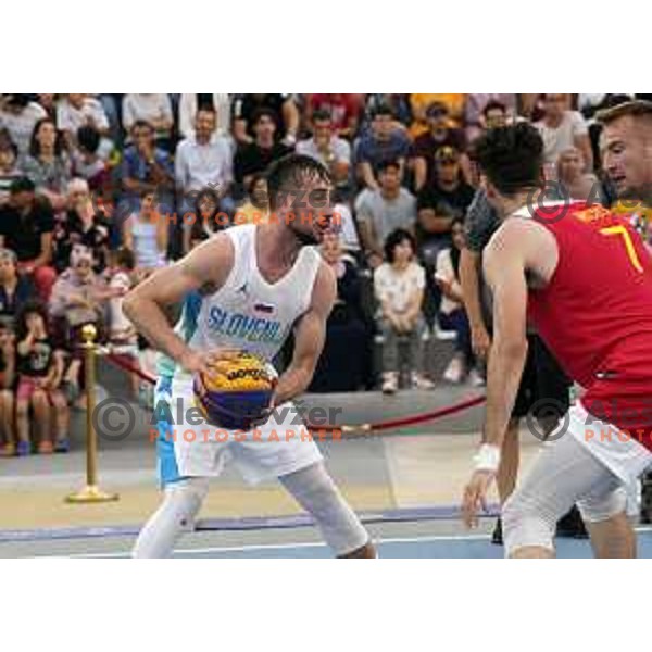 Action during 3x3 basketball match between Spain and Slovenia at Mediterranean Games in Oran, Algeria on July 1, 2022