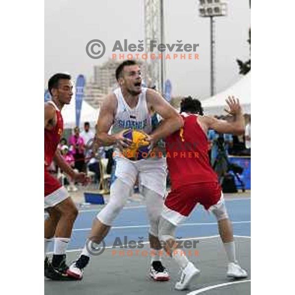 Action during 3x3 basketball match between Spain and Slovenia at Mediterranean Games in Oran, Algeria on July 1, 2022