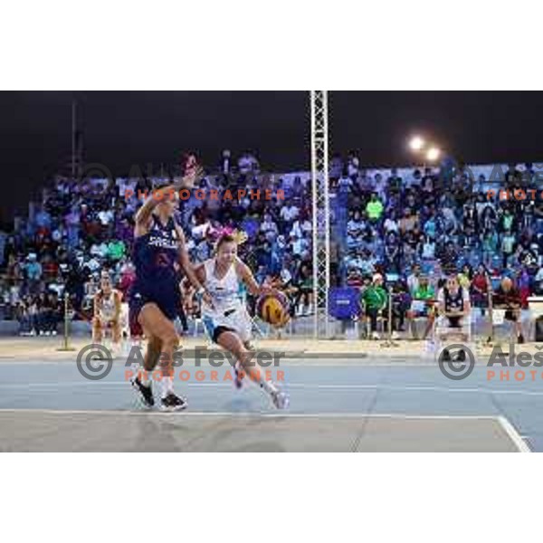 Action during Women’s basketball 3x3 match between Slovenia and Serbia at Mediterranean Games in Oran, Algeria on July 3, 2022