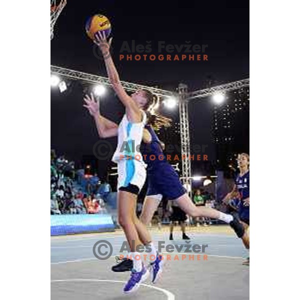 Action during Women’s basketball 3x3 match between Slovenia and Serbia at Mediterranean Games in Oran, Algeria on July 3, 2022