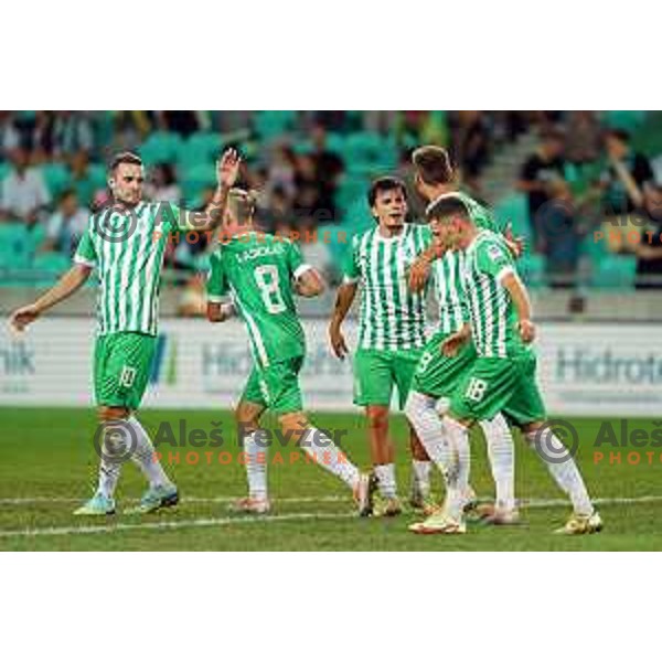 Mustafa Nukic and players of Olimpija celebrate goal during Prva Liga Telemach 2022-2023 football match between Olimpija and Gorica in SRC Stozice, Ljubljana, Slovenia on August 15, 2022