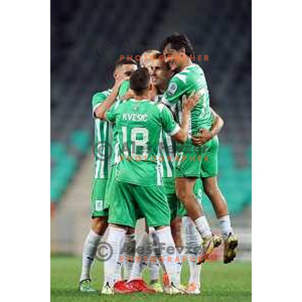 Mustafa Nukic and players of Olimpija celebrate goal during Prva Liga Telemach 2022-2023 football match between Olimpija and Gorica in SRC Stozice, Ljubljana, Slovenia on August 15, 2022