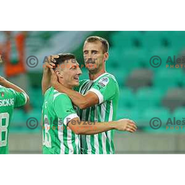 Mario Kvesic and Mustafa Nukic celebrate goal during Prva Liga Telemach 2022-2023 football match between Olimpija and Gorica in SRC Stozice, Ljubljana, Slovenia on August 15, 2022
