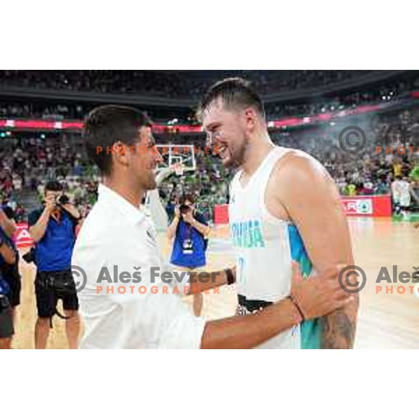 Novak Djokovic and Luka Doncic after Telemach match between Slovenia and Serbia in SRC Stozice, Ljubljana, Slovenia on August 17, 2022