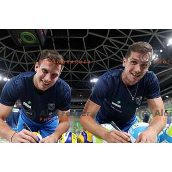 Jan Kozamernik and Gregor Ropret of Team Slovenia during Slovenia Volleyball team practice in Ljubljana on August 18, 2022