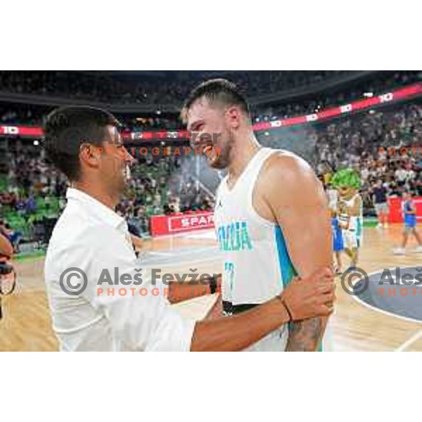 Novak Djokovic and Luka Doncic after Telemach match between Slovenia and Serbia in SRC Stozice, Ljubljana, Slovenia on August 17, 2022