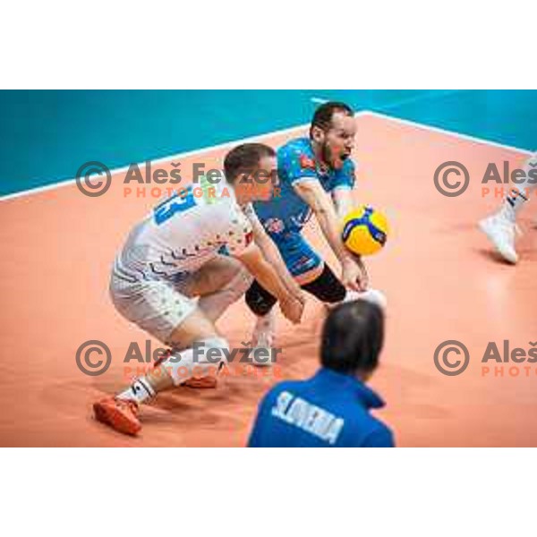 Jani Kovacic and Tine Urnaut in action during friendly volleyball match between Slovenia and Egypt in Dvorana Tabor, Maribor, Slovenia on August 19, 2022