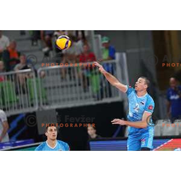 Alen Pajenk in action during preparation match before Volleyball World Championship between Slovenia and Iran in SRC Stozice, Ljubljana, Slovenia on August 23, 2022