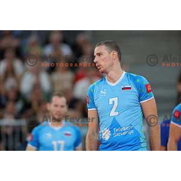 Alen Pajenk in action during preparation match before Volleyball World Championship between Slovenia and Iran in SRC Stozice, Ljubljana, Slovenia on August 23, 2022