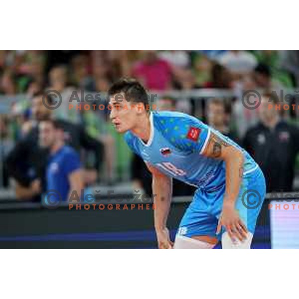 Klemen Cebulj in action during preparation match before Volleyball World Championship between Slovenia and Iran in SRC Stozice, Ljubljana, Slovenia on August 23, 2022