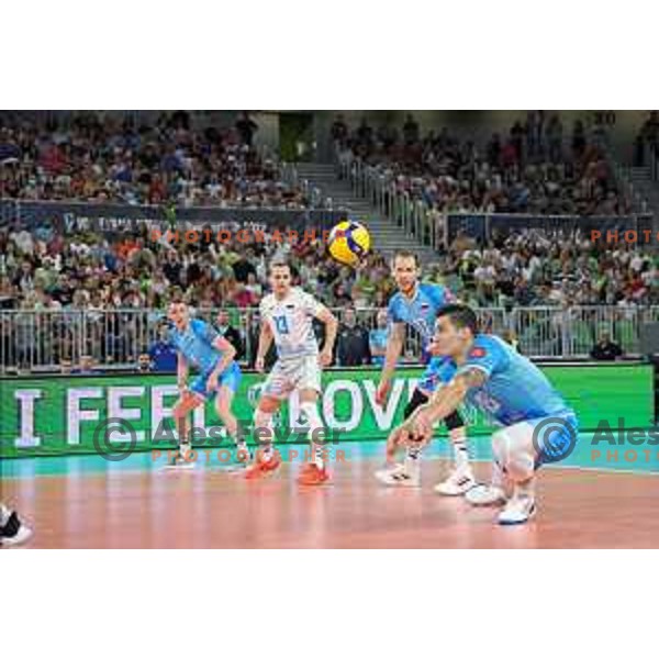 Tine Urnaut in action during preparation match before Volleyball World Championship between Slovenia and Iran in SRC Stozice, Ljubljana, Slovenia on August 23, 2022