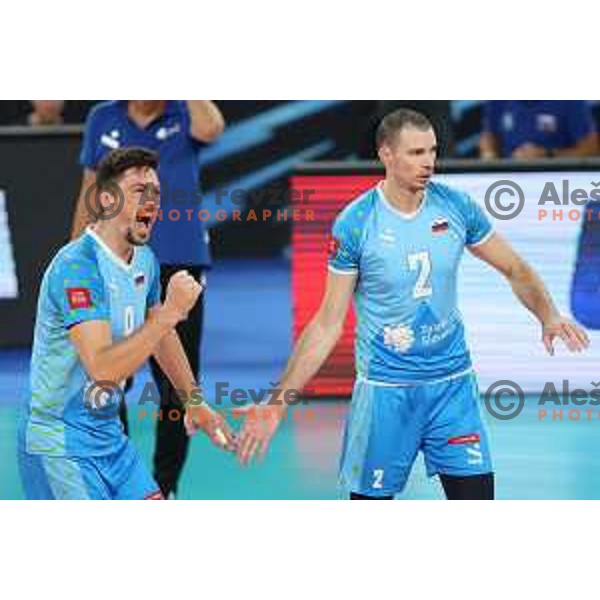 Dejan Vincic and Alen Pajenk in action during preparation match before Volleyball World Championship between Slovenia and Iran in SRC Stozice, Ljubljana, Slovenia on August 23, 2022