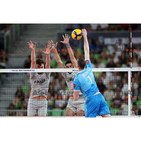 Toncek Stern in action during preparation match before Volleyball World Championship between Slovenia and Iran in SRC Stozice, Ljubljana, Slovenia on August 23, 2022
