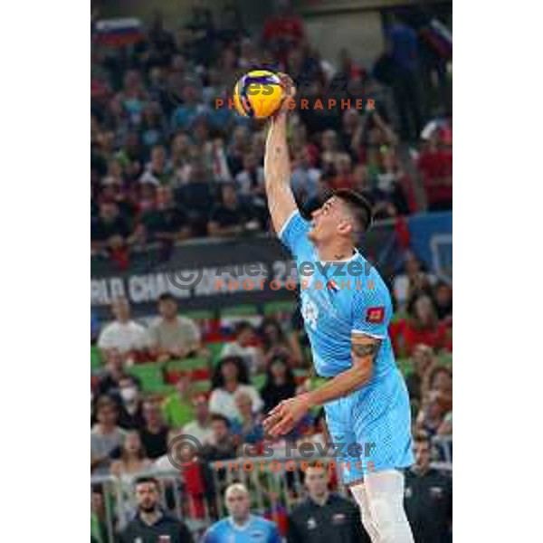Klemen Cebulj in action during FIVB Volleyball Men\'s World Championship 2022 match between Slovenia and Cameroon in Arena Stozice, Ljubljana, Slovenia on August 26, 2022