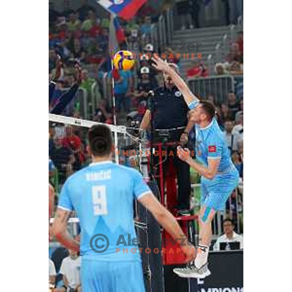 Toncek Stern in action during FIVB Volleyball Men\'s World Championship 2022 match between Slovenia and Cameroon in Arena Stozice, Ljubljana, Slovenia on August 26, 2022