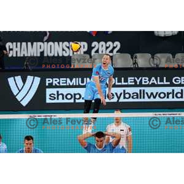 Tine Urnaut in action during FIVB Volleyball Men\'s World Championship 2022 match between Slovenia and Cameroon in Arena Stozice, Ljubljana, Slovenia on August 26, 2022