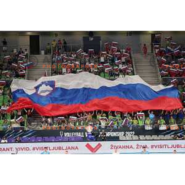 Slovenia supporters cheering during FIVB Volleyball Men\'s World Championship 2022 match between Slovenia and Cameroon in Arena Stozice, Ljubljana, Slovenia on August 26, 2022