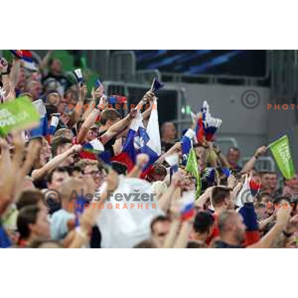 Slovenia supporters cheering during FIVB Volleyball Men\'s World Championship 2022 match between Slovenia and Cameroon in Arena Stozice, Ljubljana, Slovenia on August 26, 2022