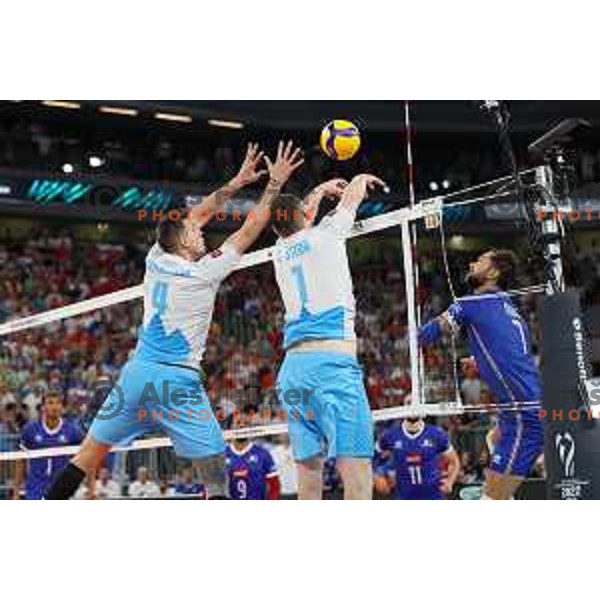 action during FIVB Volleyball Men\'s World Championship 2022 match between Slovenia and France in Arena Stozice, Ljubljana, Slovenia on August 28, 2022