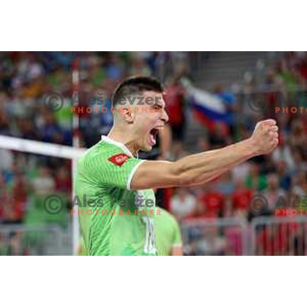 Klemen Cebulj in action during eight-final of FIVB Volleyball Men\'s World Championship 2022 between Slovenia and Germany in Arena Stozice, Ljubljana, Slovenia on September 3, 2022