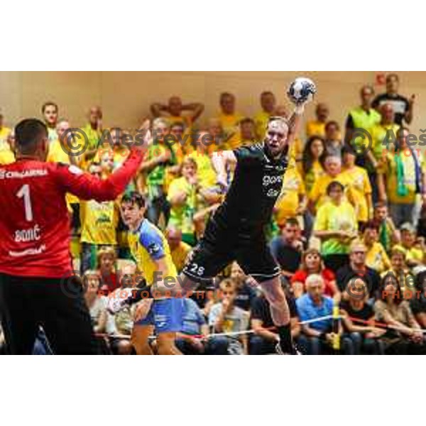 Timotej Grmsek in action during Slovenian handball Supercup match between Gorenje Velenje and Celje Pivovarna Lasko in Gornja Radgona, Slovenia on September 4, 2022