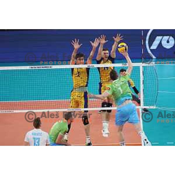 action during quarter-final of FIVB Volleyball Men\'s World Championship 2022 between Slovenia and Ukraine in Arena Stozice, Ljubljana, Slovenia on September 7, 2022
