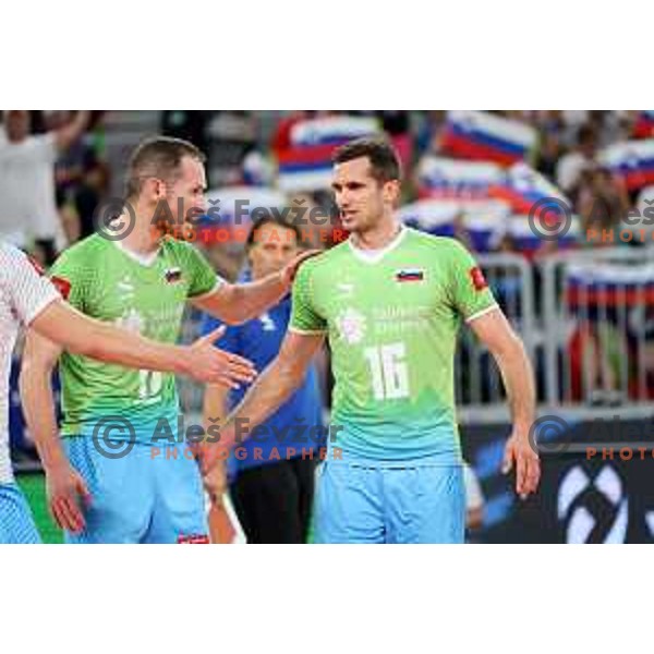 Tine Urnaut in action during quarter-final of FIVB Volleyball Men\'s World Championship 2022 between Slovenia and Ukraine in Arena Stozice, Ljubljana, Slovenia on September 7, 2022