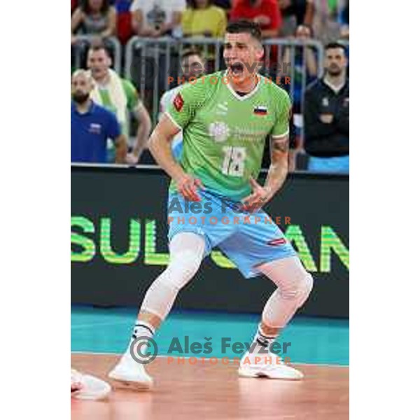Klemen Cebulj in action during quarter-final of FIVB Volleyball Men\'s World Championship 2022 between Slovenia and Ukraine in Arena Stozice, Ljubljana, Slovenia on September 7, 2022