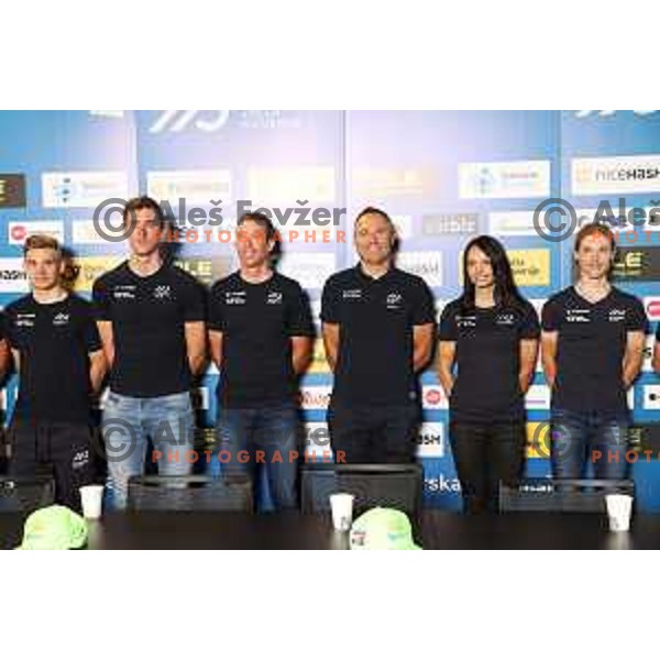 Domen Novak, Uros Murn and Ursa Pintar at press conference of Slovenia Cycling Federation in Ljubljana, Slovenia on September 12, 2022 before departure to World Championship