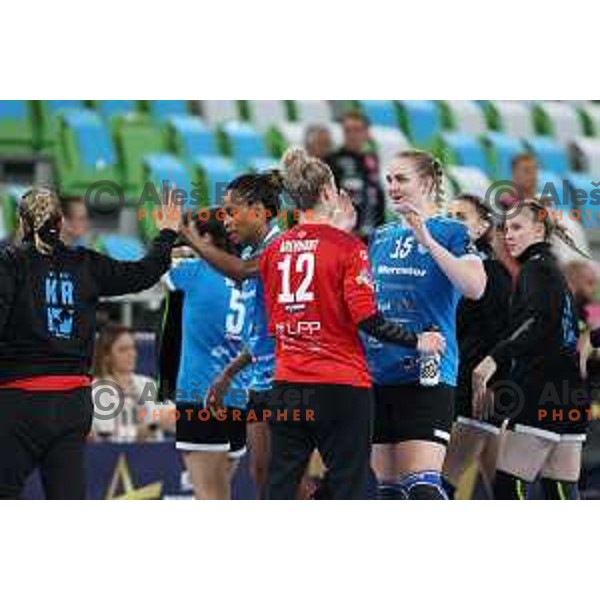 Barbara Arenhart and Valentina Klemencic in action during EHF Champions league Women handball match between Krim Mercator (SLO) and Vipers Kristiansand (NOR) in Ljubljana, Slovenia on September 18, 2022