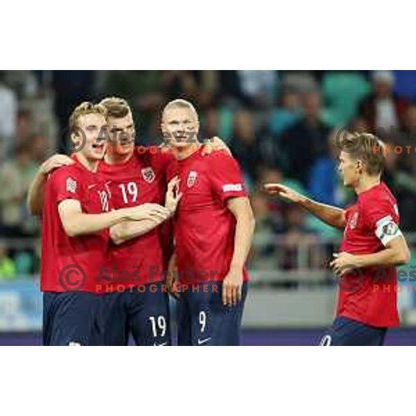 Erling Haaland (NOR) celebrates goal during UEFA Nations League match between Slovenia and Norway in Stozice, Ljubljana, Slovenia on September 24, 2022