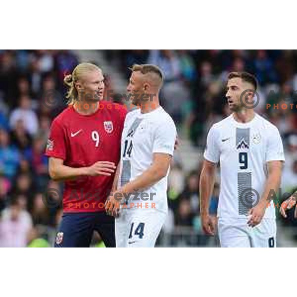 Erling Haaland and Jasmin Kurtic during UEFA Nations League match between Slovenia and Norway in Stozice, Ljubljana, Slovenia on September 24, 2022