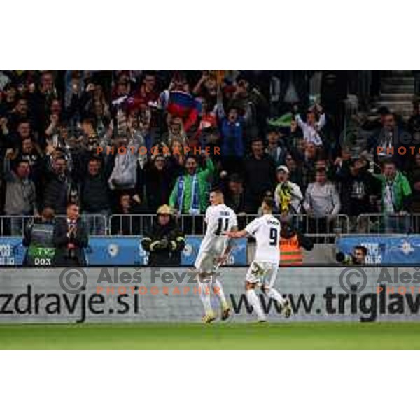 Benjamin Sesko and Andraz Sporar celebrate goal during UEFA Nations League match between Slovenia and Norway in Stozice, Ljubljana, Slovenia on September 24, 2022
