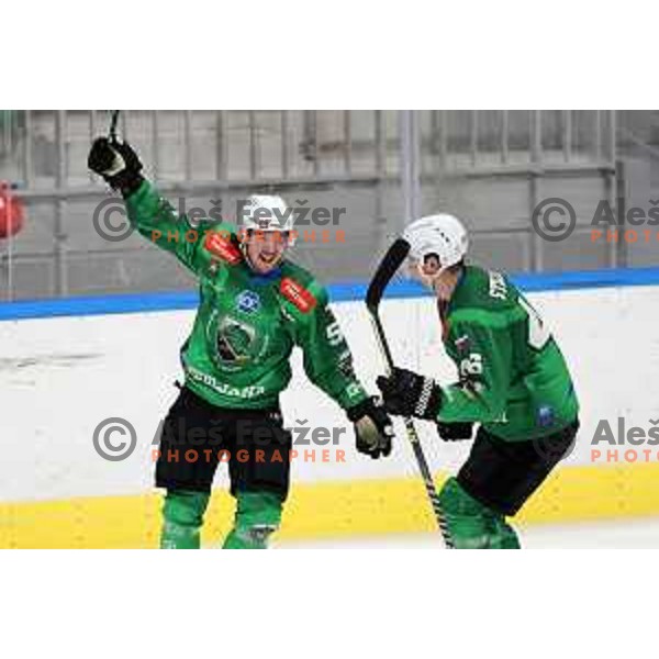 Chris Dodero and Miha Stebih of SZ Olimpija celebrate goal during IceHL ice-hockey match between SZ Olimpija (SLO) and KAC (AUT) in Tivoli Hall, Ljubljana, Slovenia on September 25, 2022 