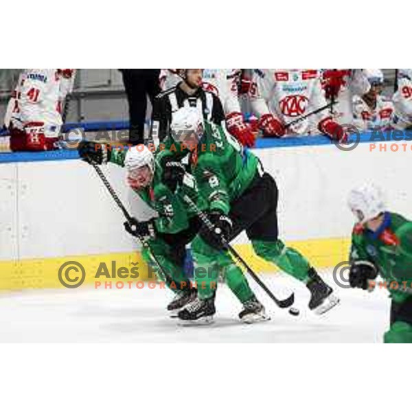 Chris Dodero and Kristjan Cepon in action during IceHL ice-hockey match between SZ Olimpija (SLO) and KAC (AUT) in Tivoli Hall, Ljubljana, Slovenia on September 25, 2022 