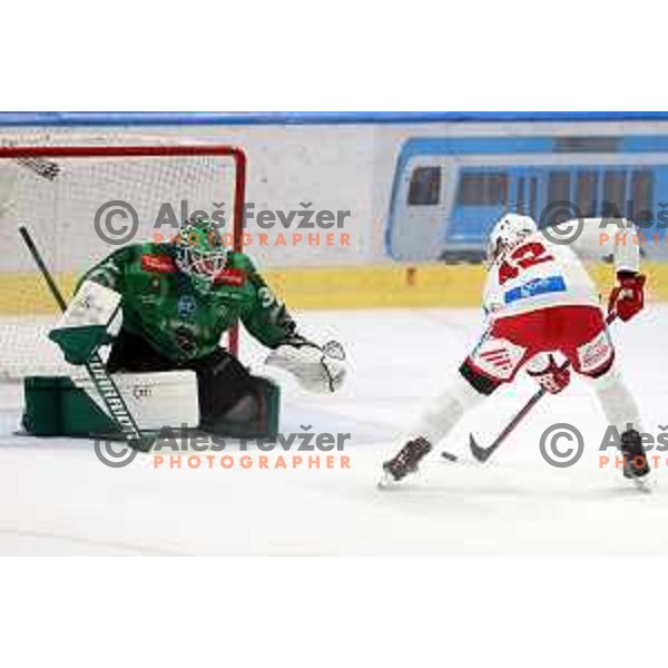 Zan Us and Rok Ticar in action during IceHL ice-hockey match between SZ Olimpija (SLO) and KAC (AUT) in Tivoli Hall, Ljubljana, Slovenia on September 25, 2022