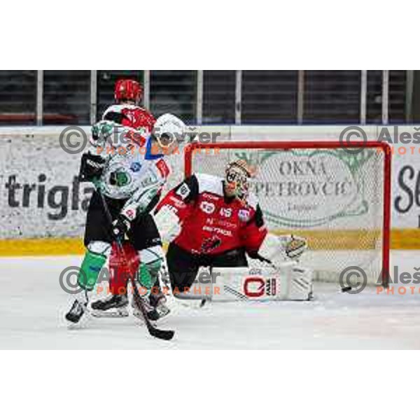Antti Karjalainen in action during the Slovenian ice-hockey Cup between SIJ Acroni Jesenice and SZ Olimpija in Podmezakla Hall, Jesenice, Slovenia on September 28, 2022