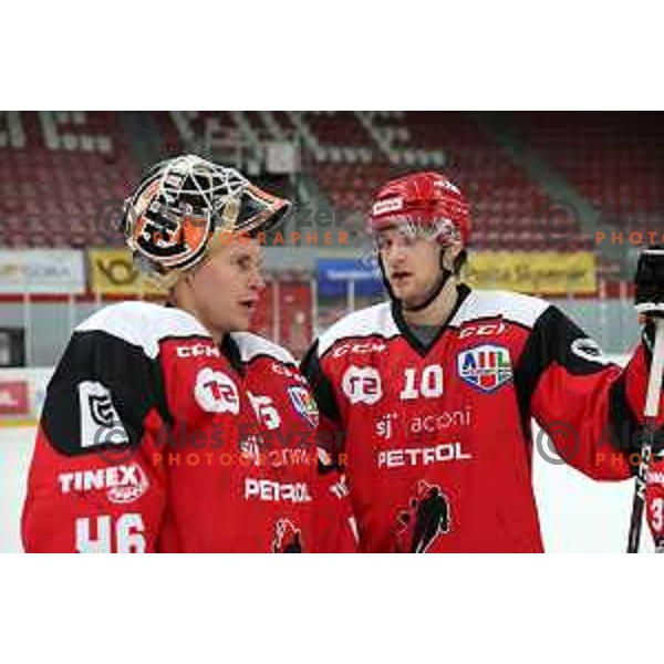 Antti Karjalainen and Jasa Jenko during the Slovenian ice-hockey Cup between SIJ Acroni Jesenice and SZ Olimpija in Podmezakla Hall, Jesenice, Slovenia on September 28, 2022